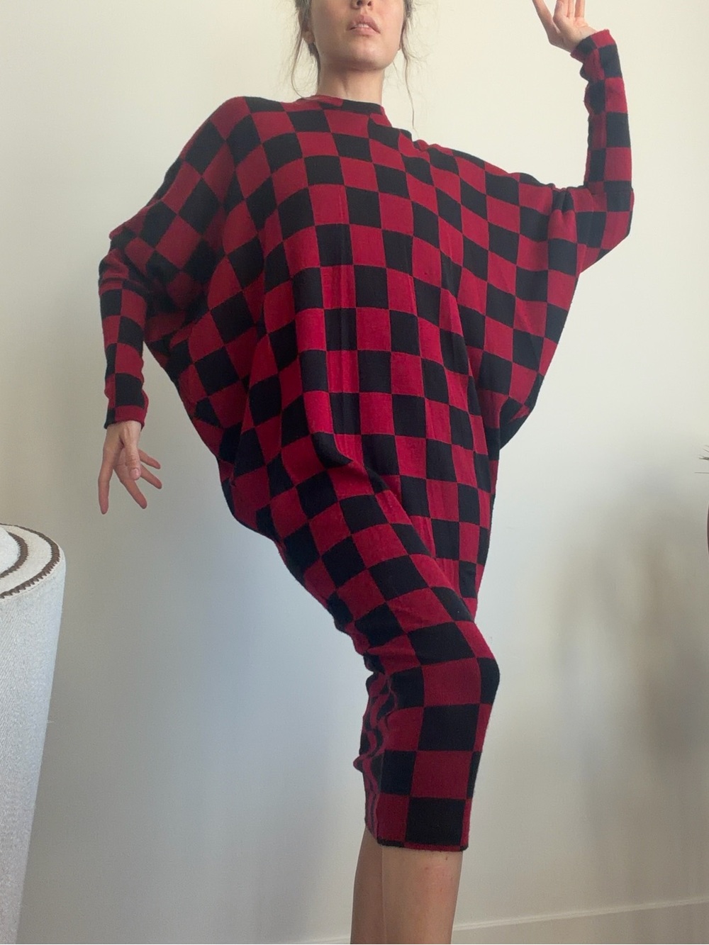 Rare Vintage 80s Norma Kamali Checkerboard Knit Dolman Dress Red Black Midi P/S
